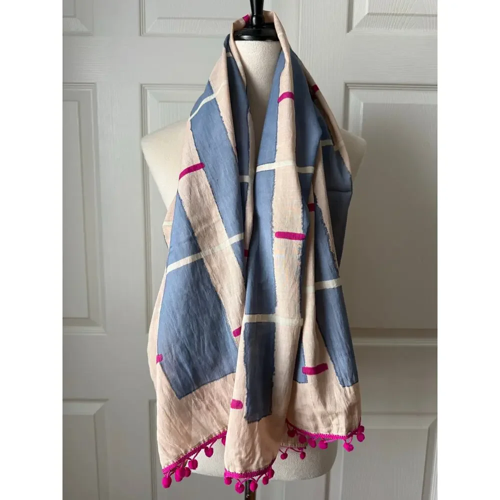 Gap NWT Tan Blue Geometric Scarf Wrap Pom Trim Cotton Blend Statement Festival